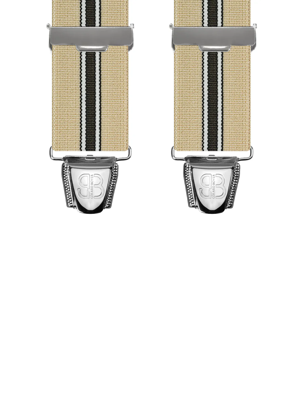 Vue avant - Bretelles homme 4 pinces dos cuir Ligne noire et blanche Beige 120 cm