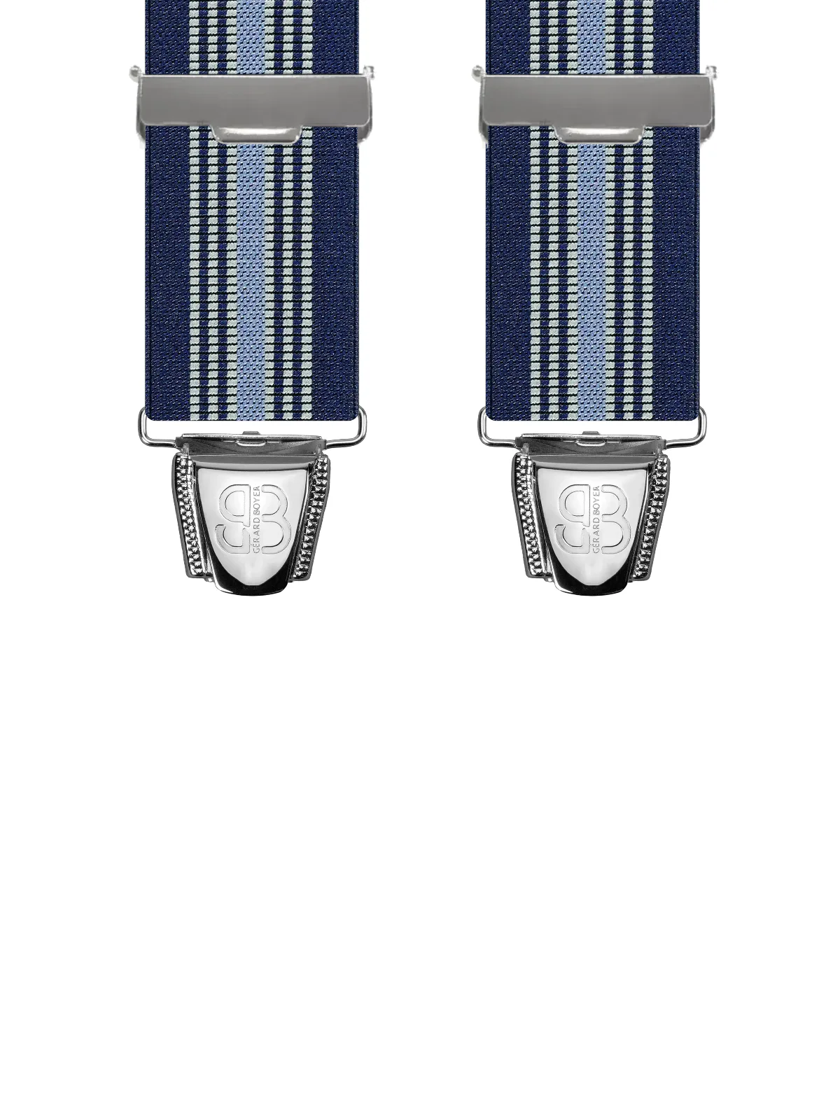 Vue avant - Bretelles homme 4 pinces dos cuir Bandes verticales Bleu Marine / Bleu Clair 120 cm