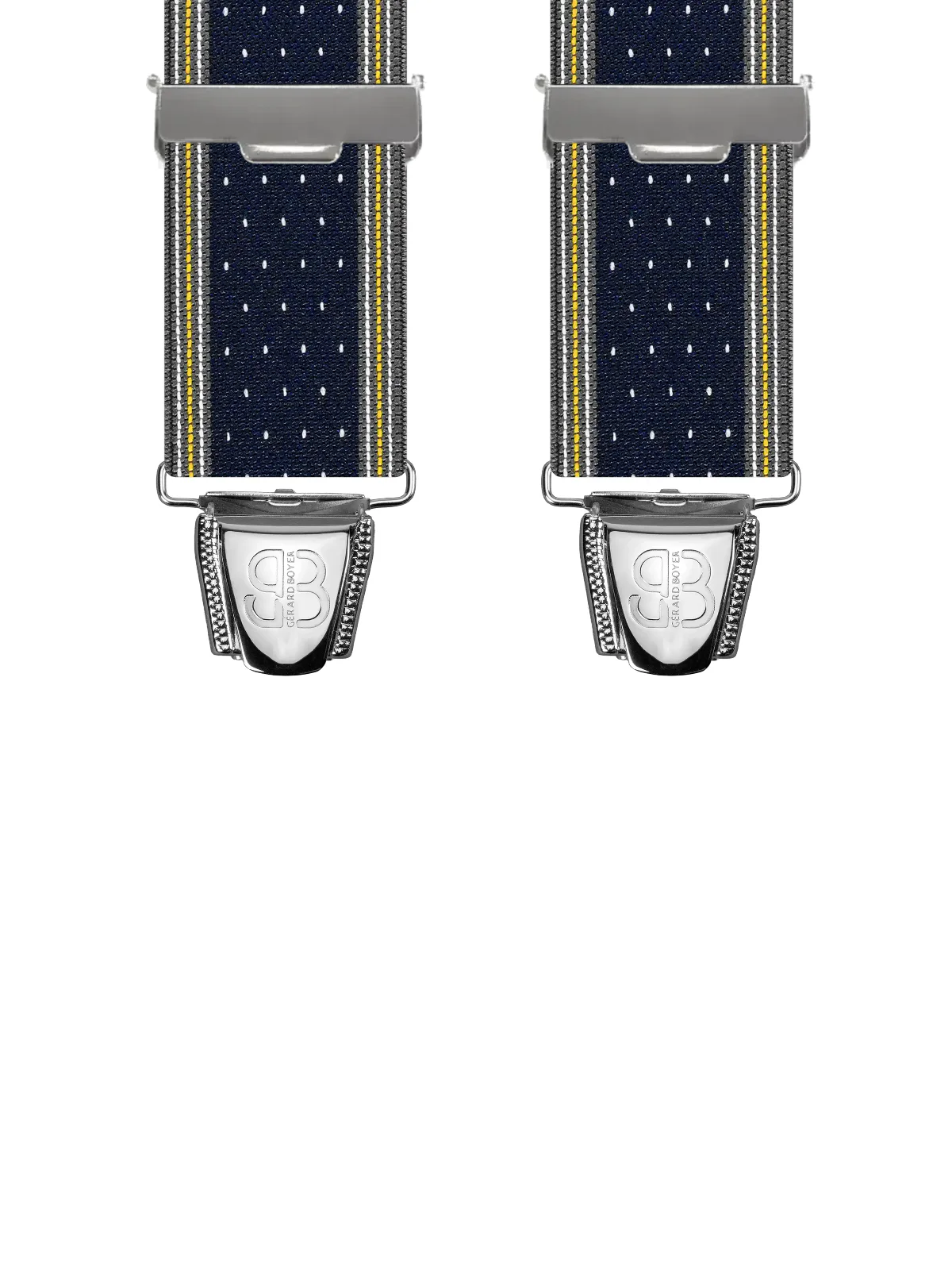 Vue avant - Bretelles homme 4 pinces dos cuir Bandes et points Bleu Profond 120 cm