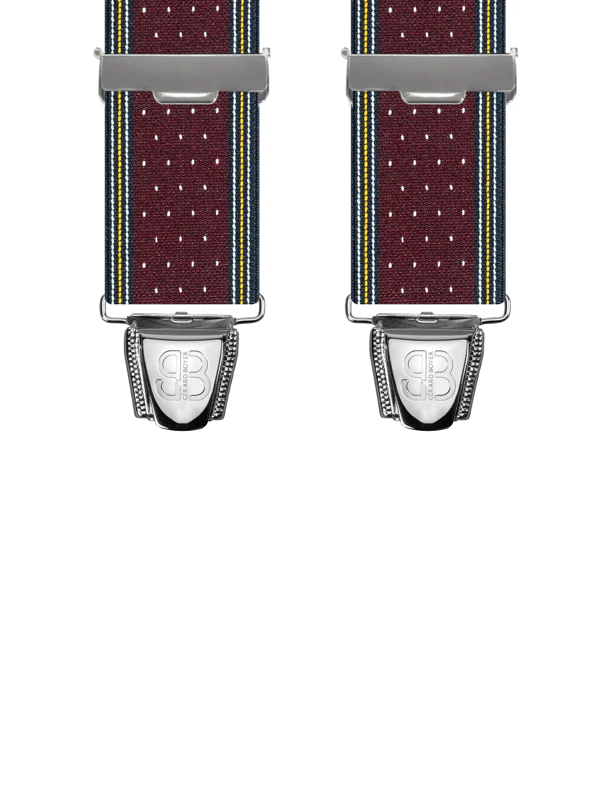 Vue avant - Bretelles homme biclip Bandes et points Bordeaux 120 cm