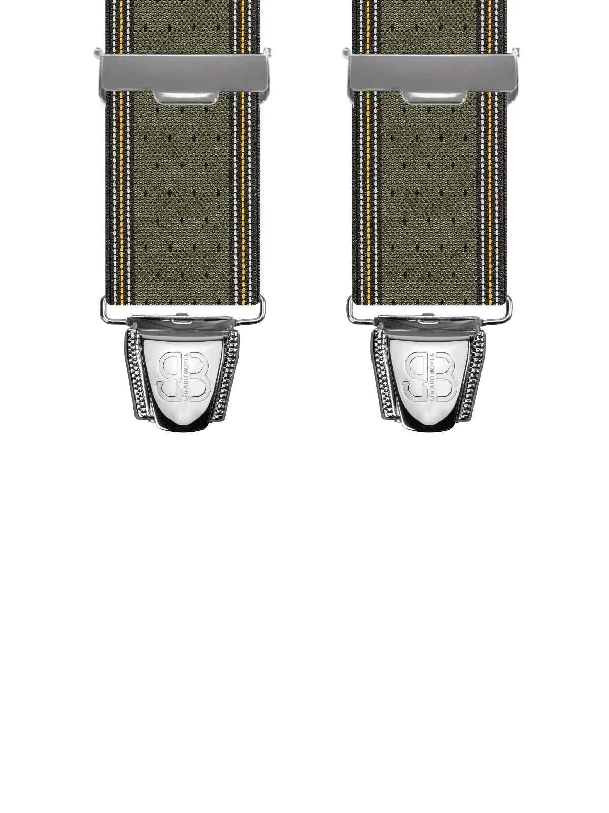 Vue avant - Bretelles homme 4 pinces dos cuir Bandes et points Vert Kaki 120 cm