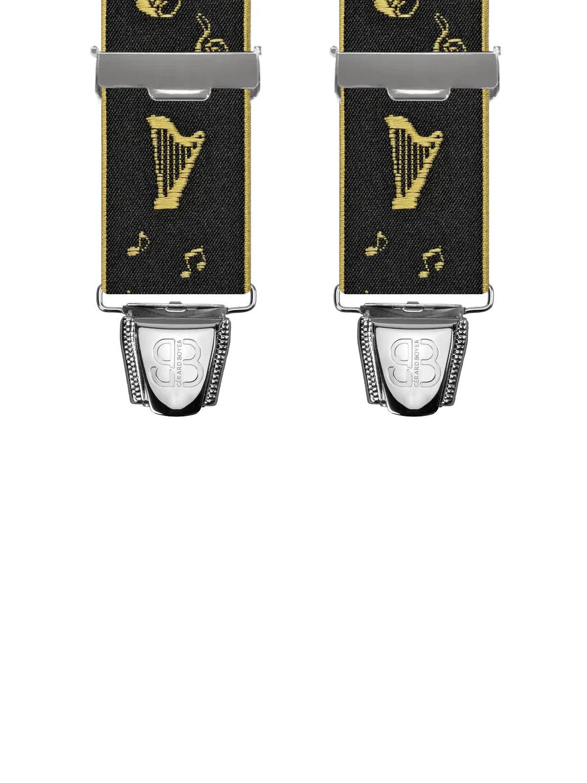 Vue avant - Bretelles homme biclip Motifs Musique et instruments Noir / Or 120 cm