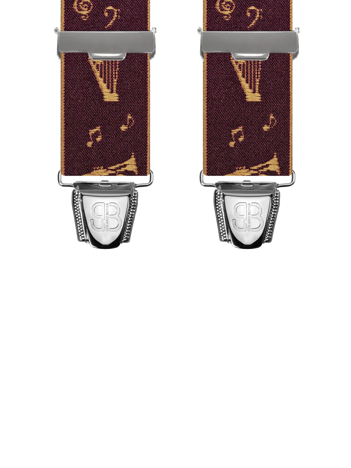 Vue avant - Bretelles homme biclip Motifs Musique et instruments Bordeaux 120 cm