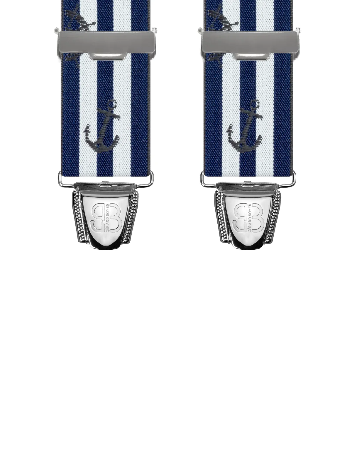 Vue avant - Bretelles homme 4 pinces dos cuir Marin Bleu Marine & Blanc 120 cm