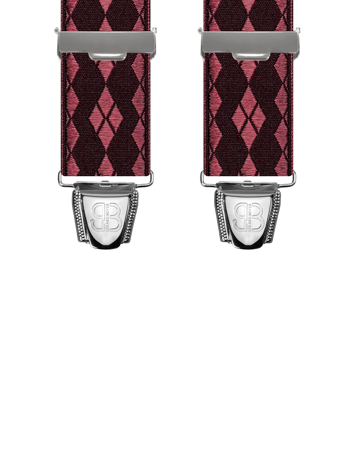 Vue avant - Bretelles homme 4 pinces dos cuir Losanges satinés Bordeaux 120 cm
