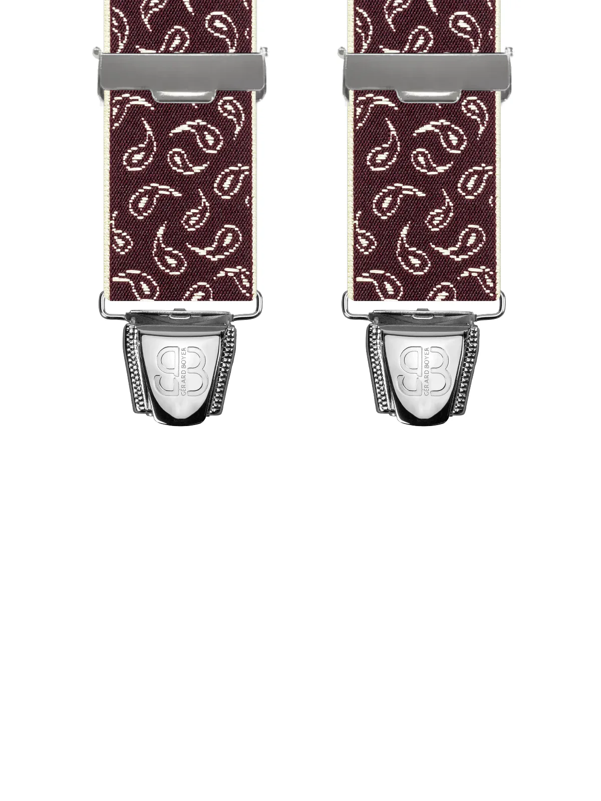 Vue avant - Bretelles homme 4 pinces dos cuir Motifs Cachemire Bordeaux 120 cm