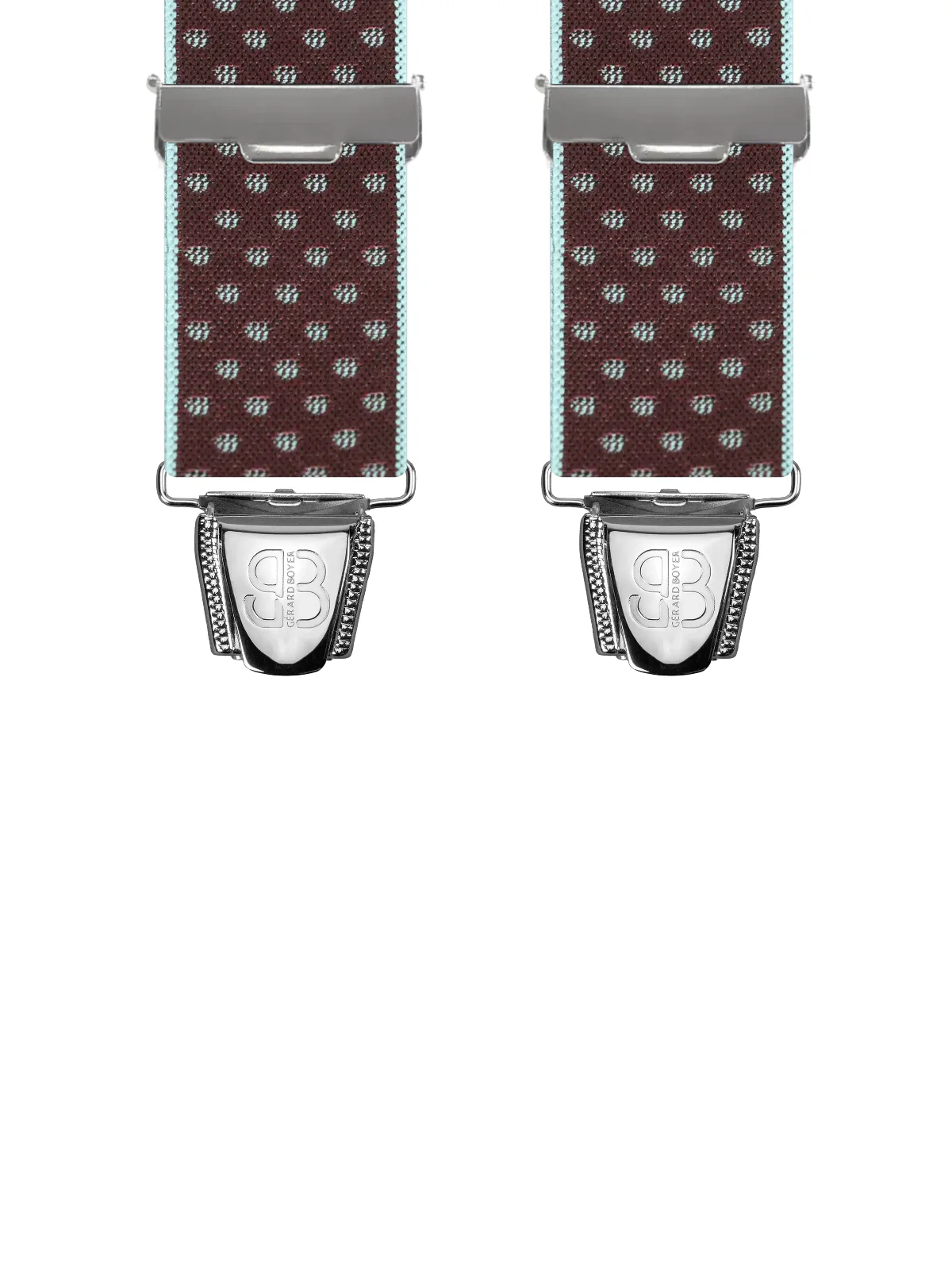 Vue avant - Bretelles homme biclip Liserets et pois Bordeaux 120 cm