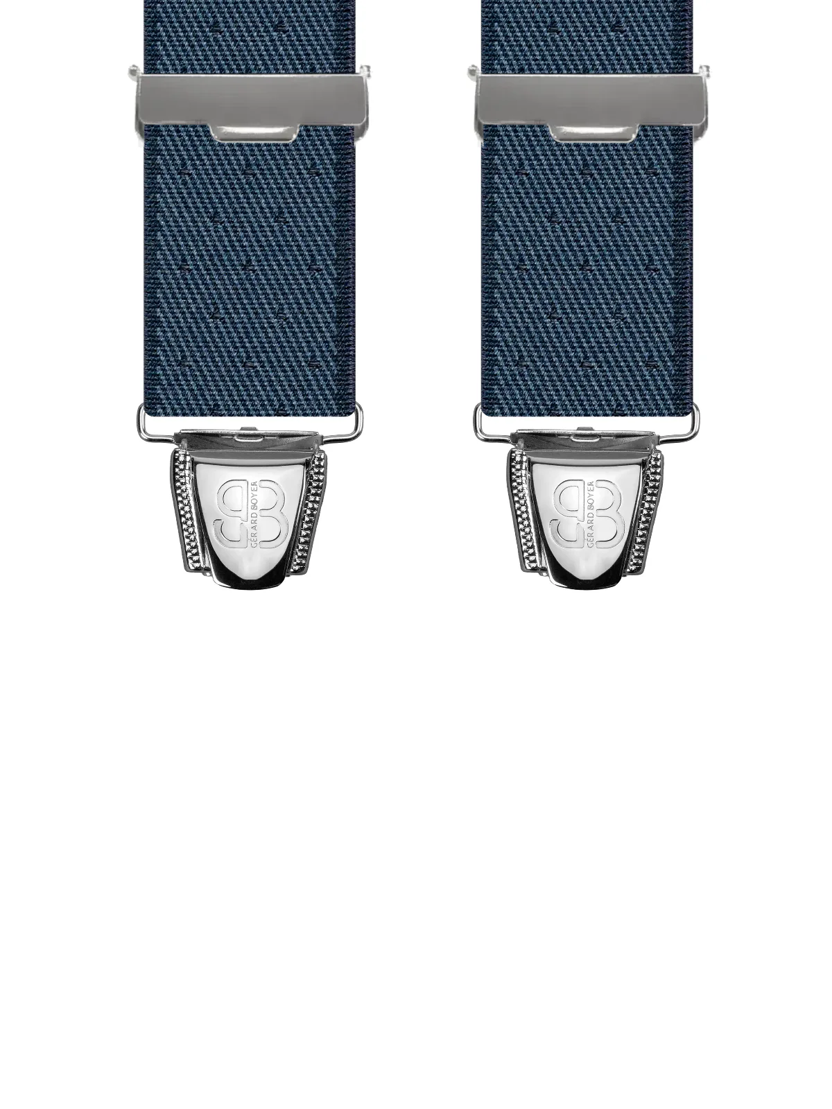 Vue avant - Bretelles homme 3 pinces dos cuir Sergé à pois Marine 120 cm