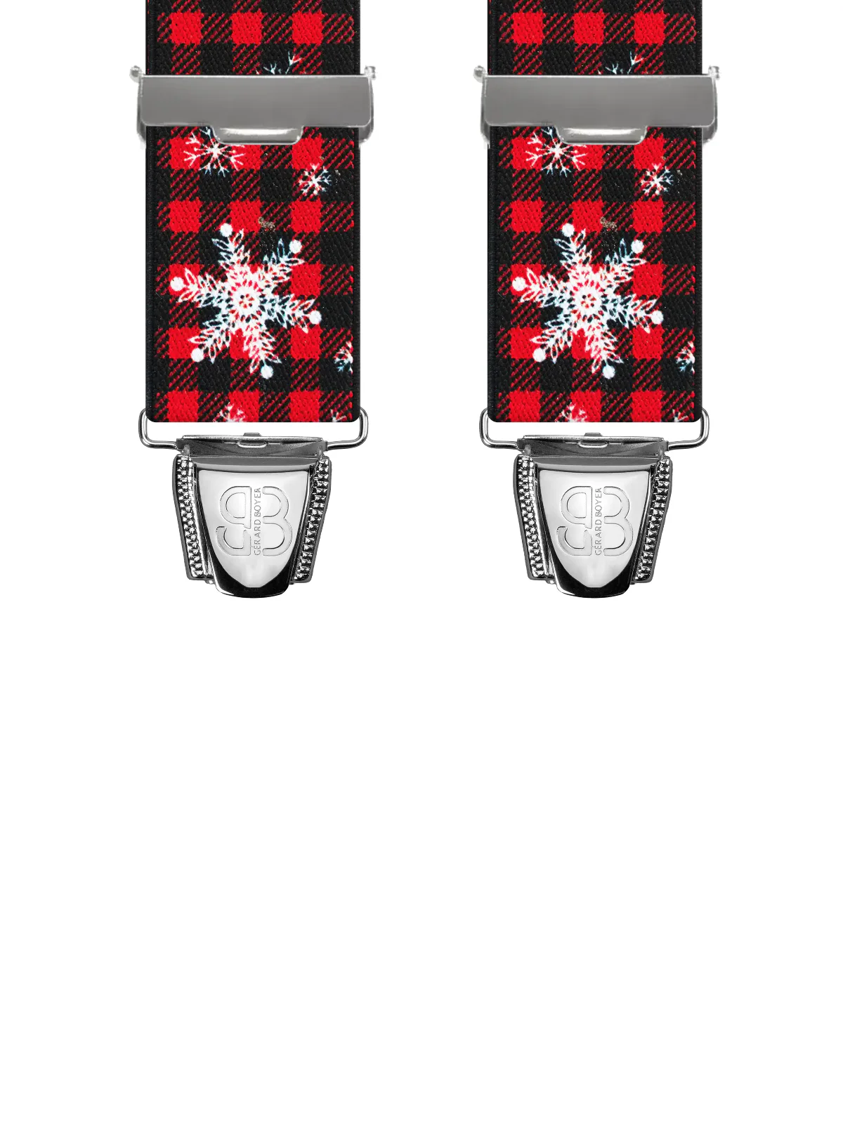 Vue avant - Bretelles homme 3 pinces dos cuir Damiers et Flocons de Neige Rouge 120 cm