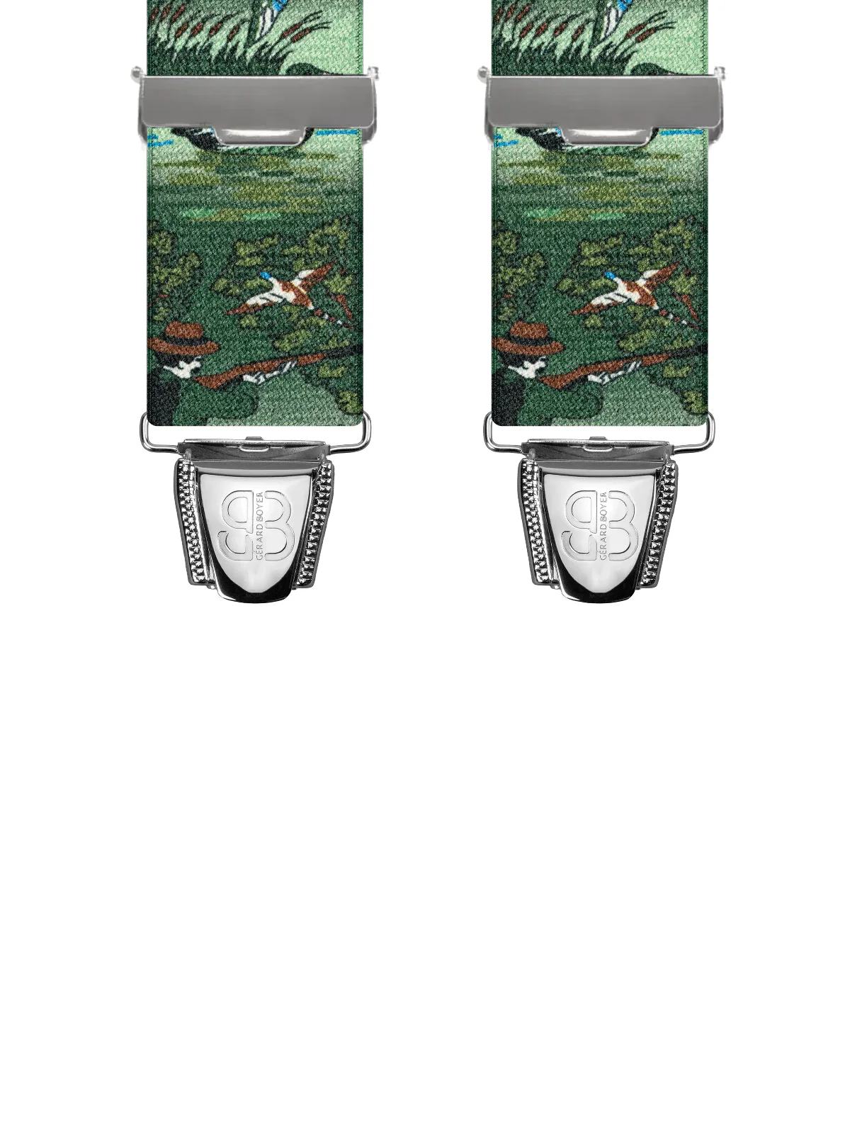 Vue avant - Bretelles homme 4 pinces dos métal Animaux canards et chiens Vert 120 cm