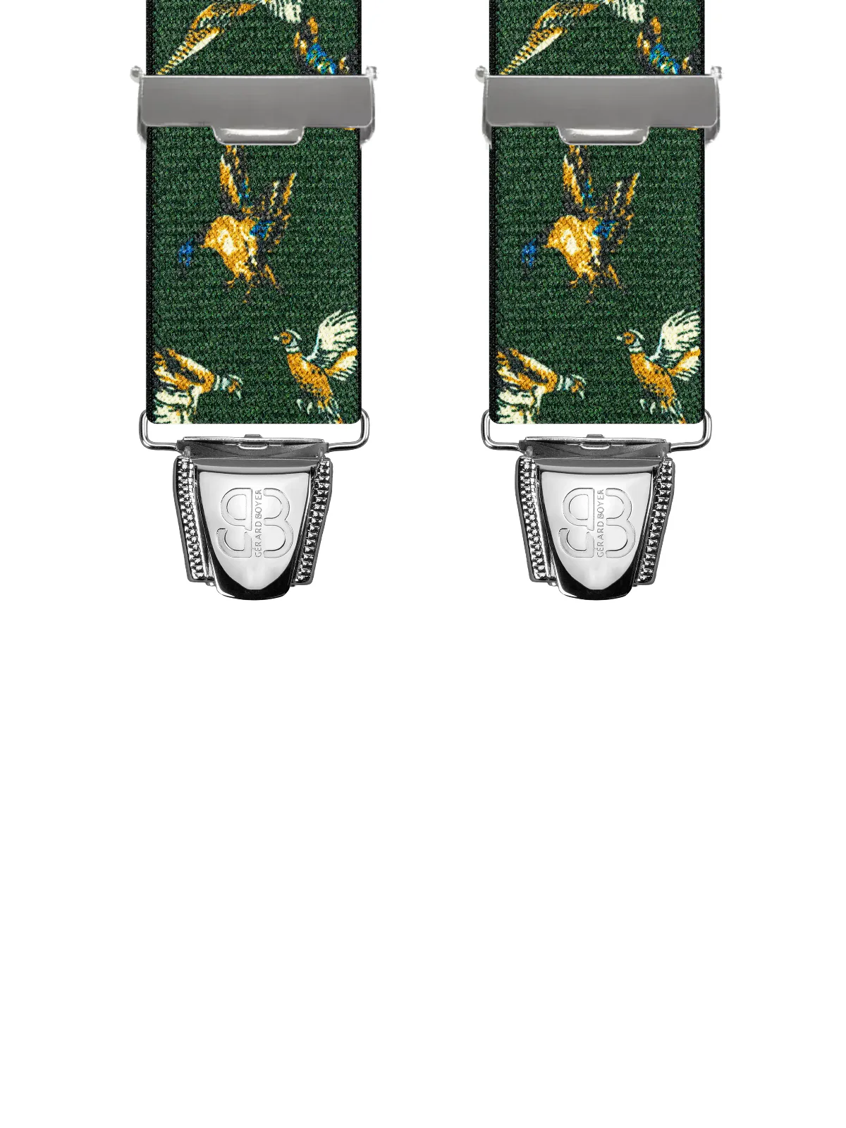 Vue avant - Bretelles homme 4 pinces dos cuir Animaux canards et faisans Vert 120 cm