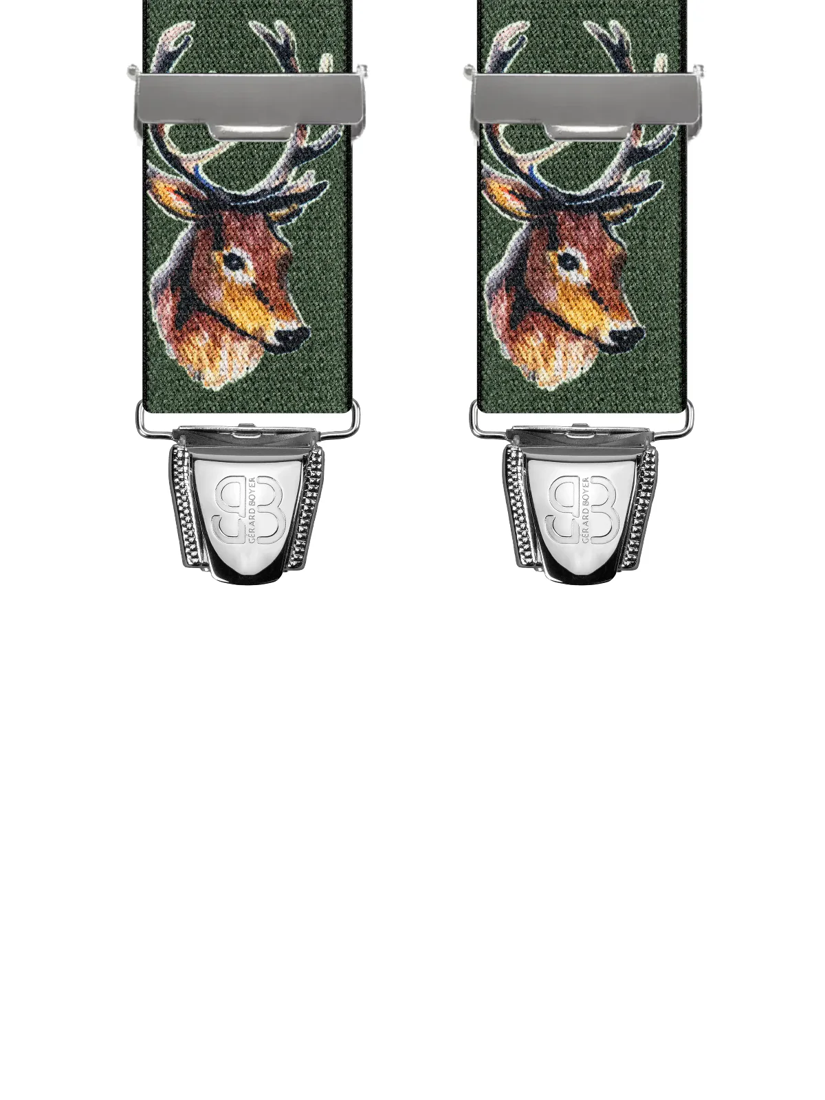 Vue avant - Bretelles homme 4 pinces dos cuir Animaux Cerfs Vert Kaki 120 cm