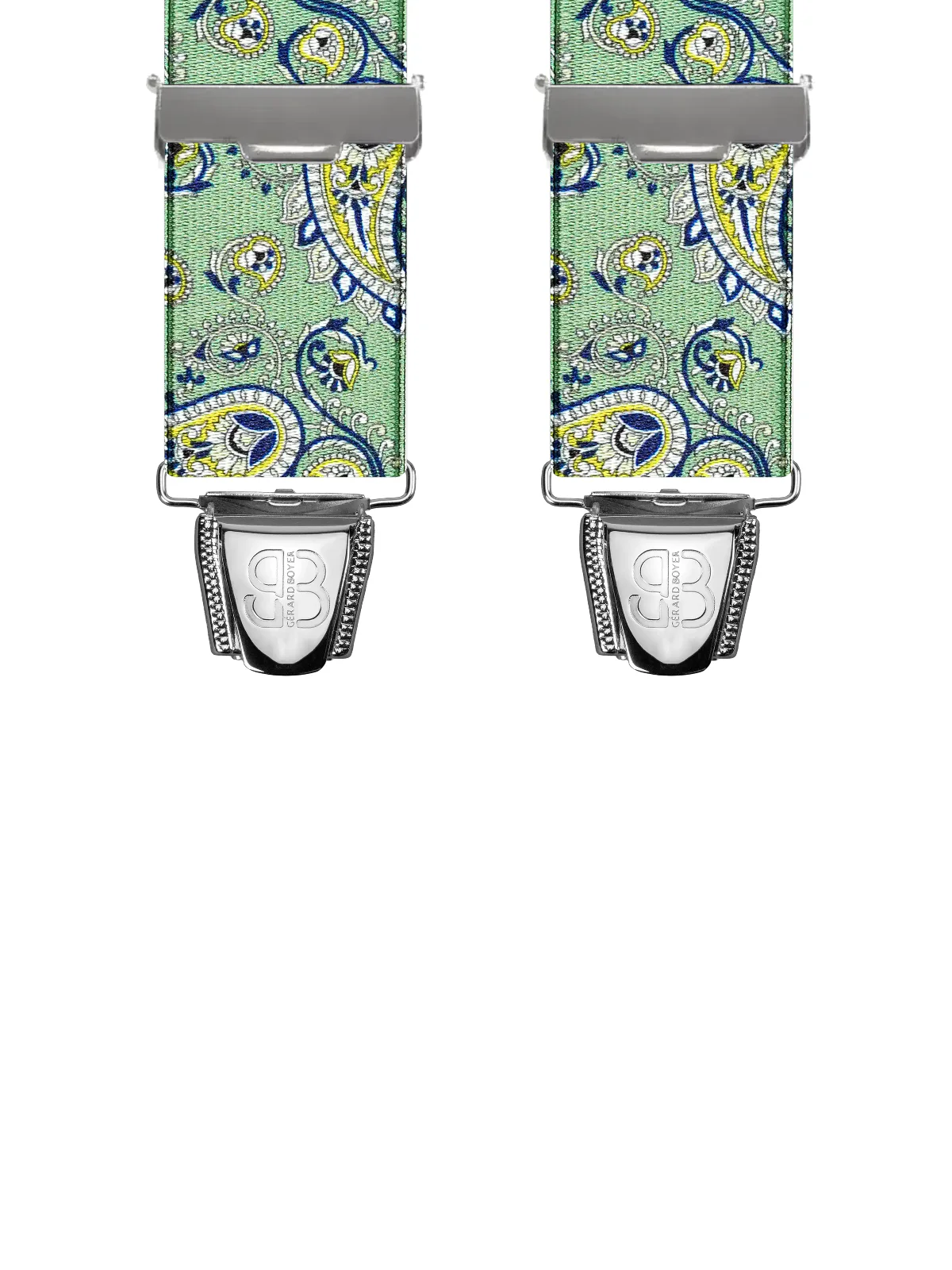 Vue avant - Bretelles homme biclip Motifs Cachemire Vert 120 cm