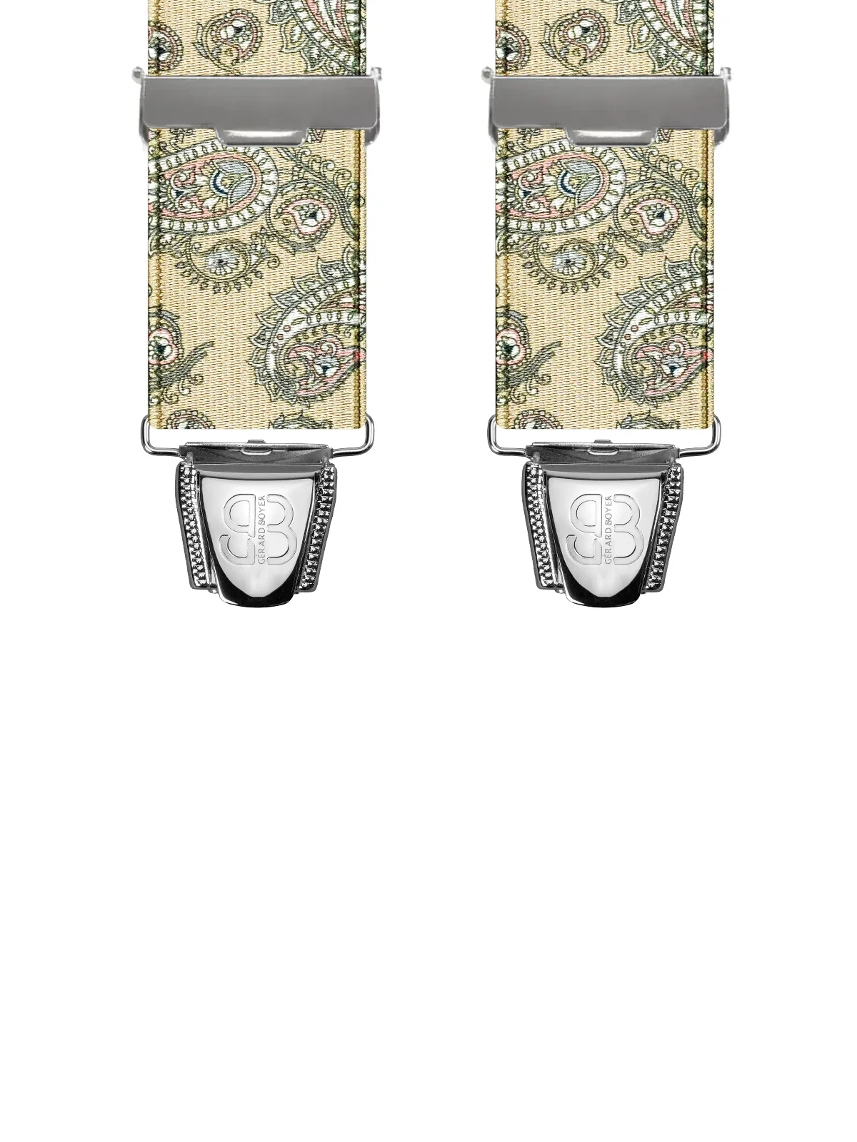 Vue avant - Bretelles homme biclip Motifs Cachemire Beige 120 cm