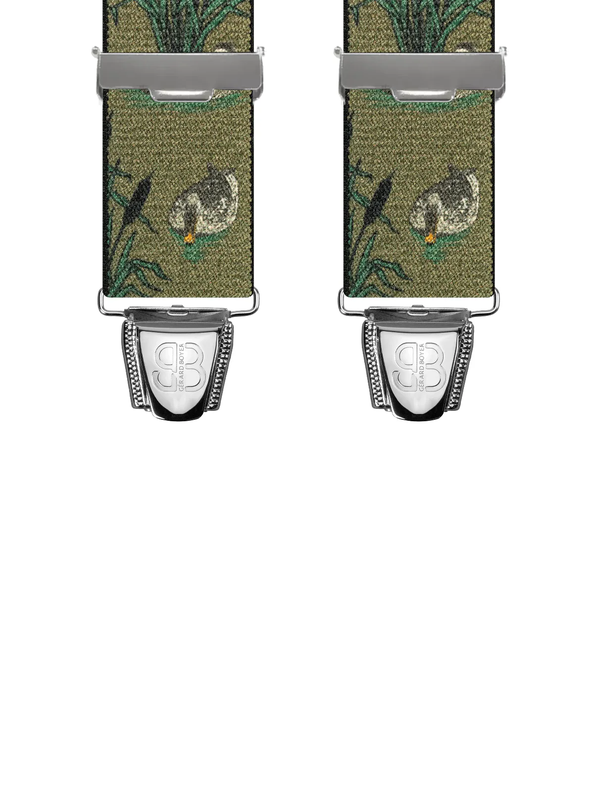Vue avant - Bretelles homme biclip Animaux Scène canards Vert Kaki 120 cm