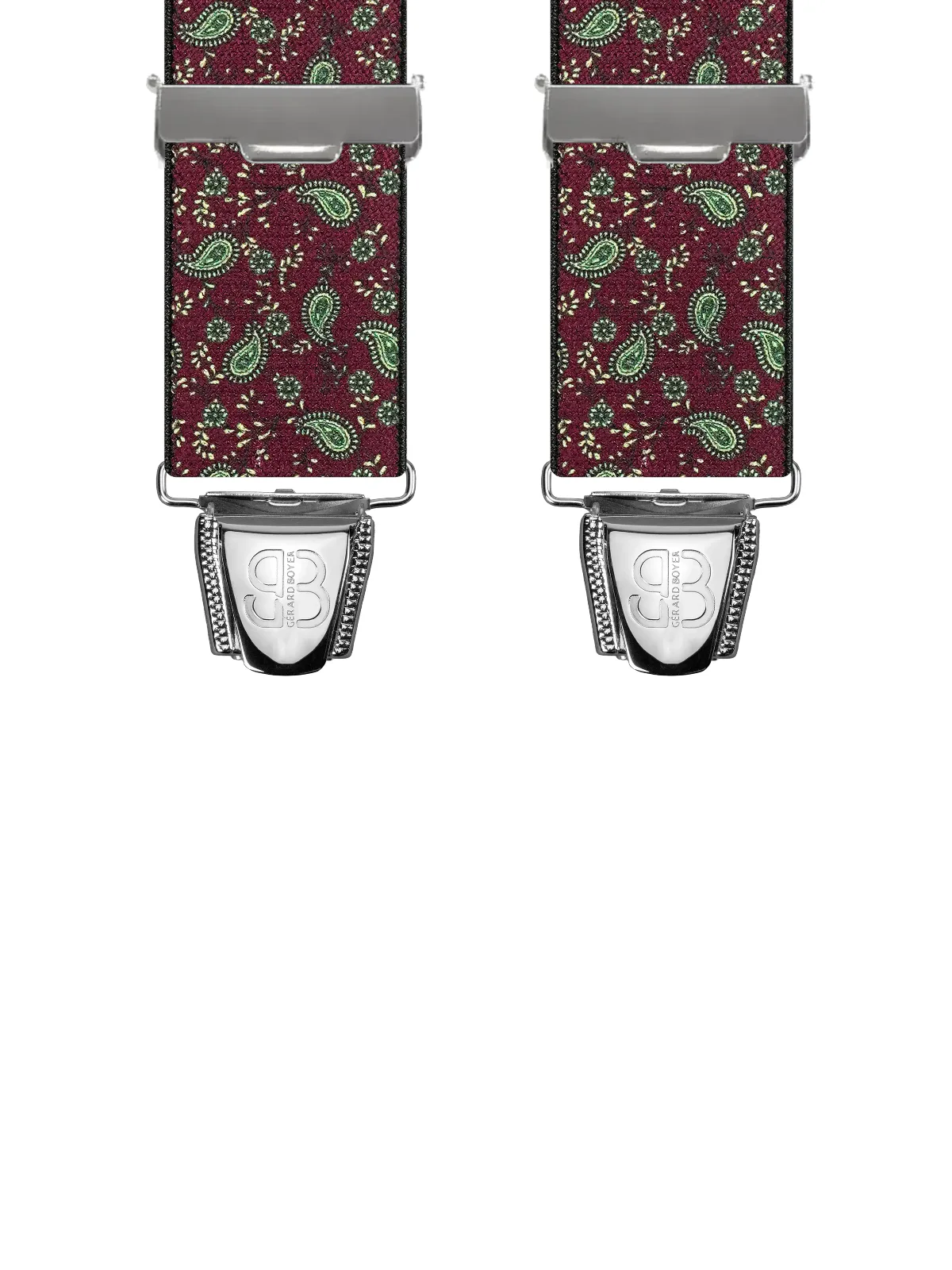 Vue avant - Bretelles homme biclip Motifs Cachemire Satiné Bordeaux 120 cm